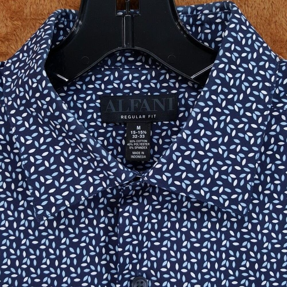 ALFANI Dress Shirt Mens Size 15 15.5 32 33 Blue Geo Regular Fit Stretch